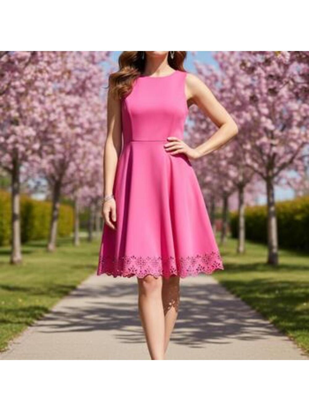 Cynthia Rowley Women's Size 10 Hot Pink Fit & Flare Laser Cut Eyelet Hem Dress